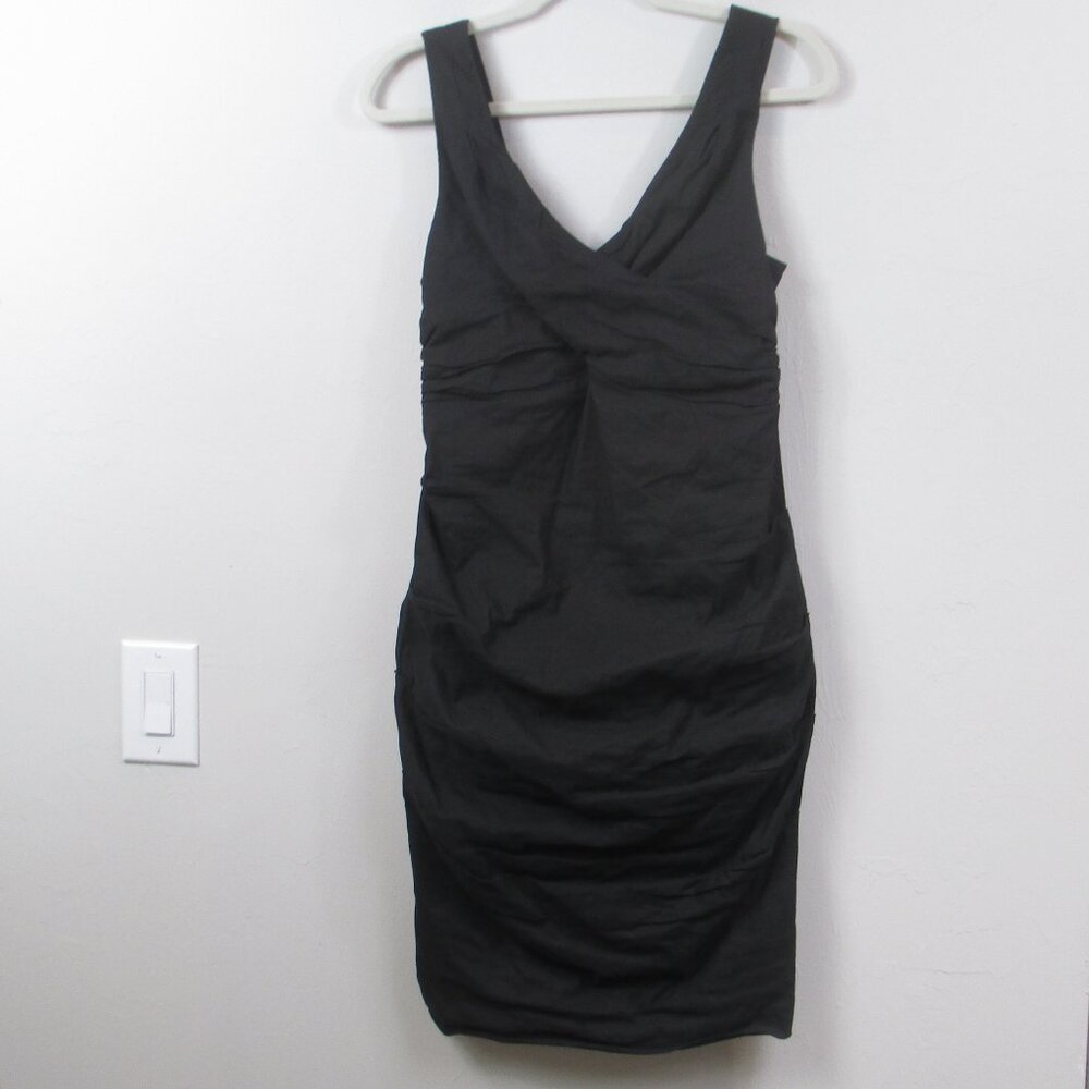 Eileen Fisher Cotton Steel Ruched Wrap V-Neck Sleeveless Midi Dress Black 10